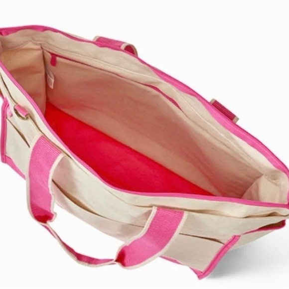 Neon Pink Colorblock Canvas Boat Tote with purple and pink flower embroidered - Picture 4 of 6